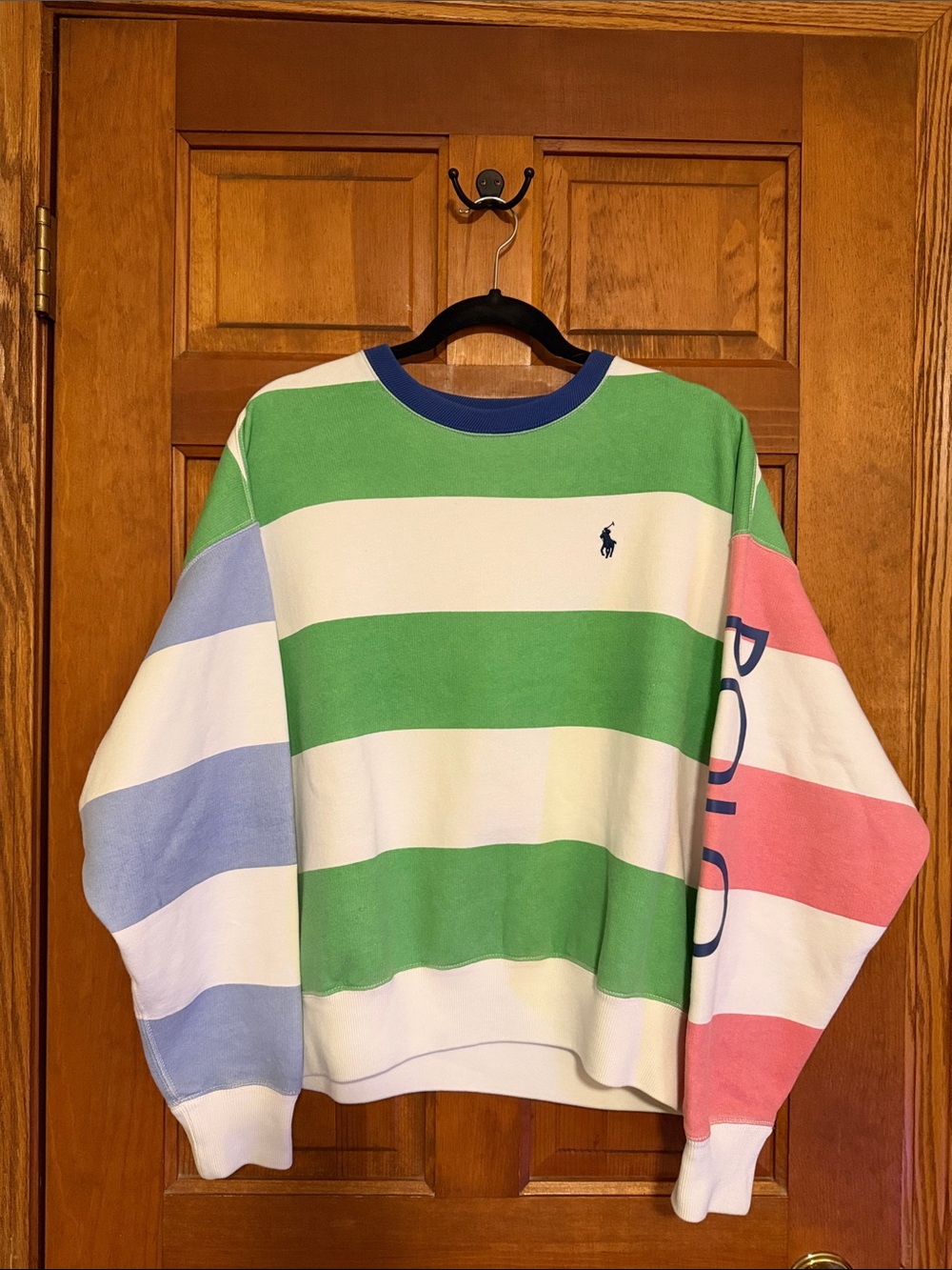 Polo by Ralph Lauren Green, White, Blue & Pink Striped Crewneck Sweater